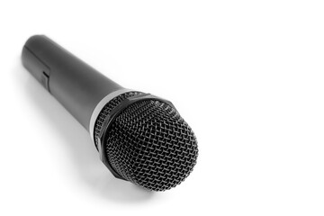 a man holding a microphone on a white background