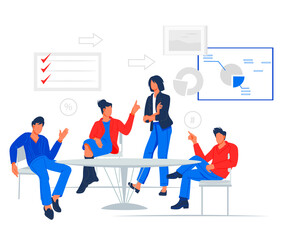 Business meeting scene with people chatting in conference room around table. Brainstorming team or business colleagues at negotiation table, flat vector illustration isolated on white background.