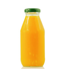 100% fresh-squeezed orange juice in a glass bottle with a green lid With orange texture isolated on white background Concept of how to live with a natural cold drink containing vitamin C, packaged pro