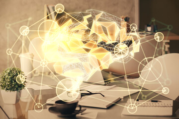 Double exposure of brain drawing and office interior background. Concept of data technology.