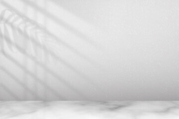 Light from window on wall and floor. White mockup with shadow from blinds and leaf on in room. Mock up empty for design prints. Realistic shade reflected leaves. Overlay effect background. Vector