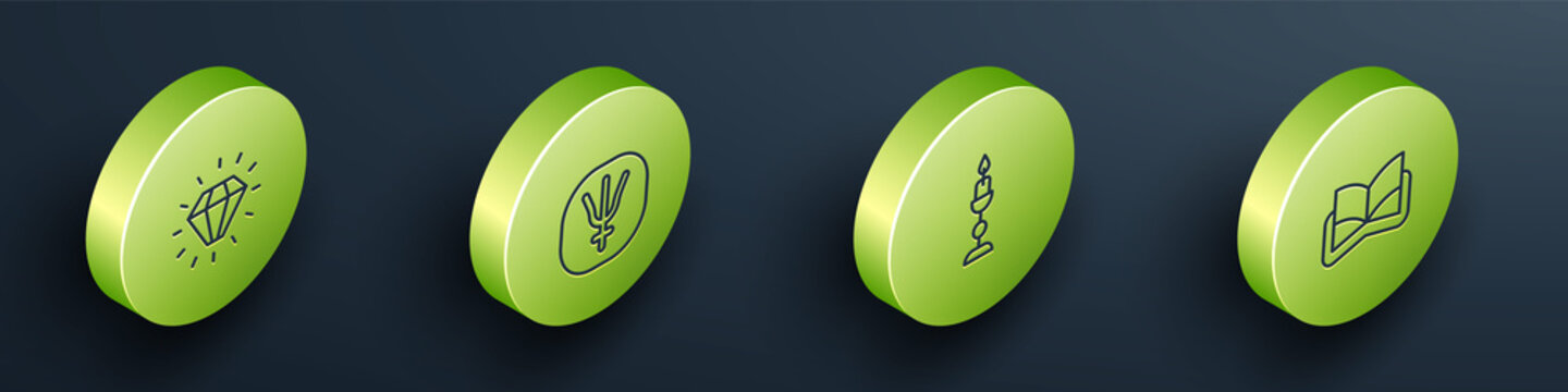 Set Isometric line Diamond, Neptune planet, Burning candle and Ancient magic book icon. Vector