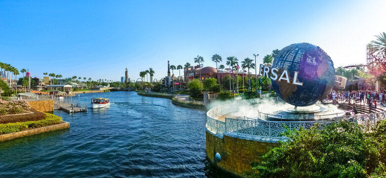 Orlando, USA - May 8, 2018: The panorama of Universal City Walk near the entrance of the Universal Studios theme park