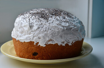 Easter cake with white icing and poppy seeds on top of a white plate. Home cooking for Easter. Close-up photo.