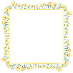 Aquarelle floral copy space frame with flowers around the square. Watercolor hand painted square greeting card for wedding, easter, birthday, holiday, mother`s day, women`s day.