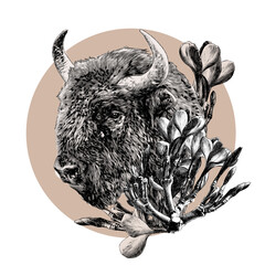 bison head in profile decorated with tropical flowers on the neck, sketch vector graphics monochrome illustration on a white background © Эдуард Антипов