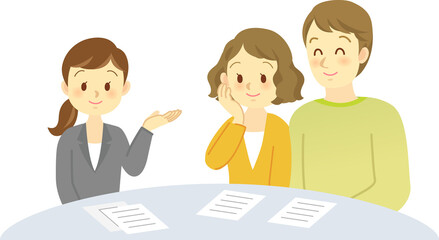 イラスト素材:スーツを着た女性と若夫婦が明るい表情で会話をする場面　 契約　相談　打ち合わせ

