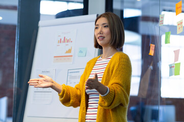 Asian businesswoman standing in front of whiteboard giving presentation in office