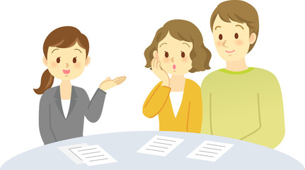 イラスト素材 青ざめた老夫婦と若い夫婦が相談をする場面 契約 相談 打ち合わせ Poster Kuroshimaharu