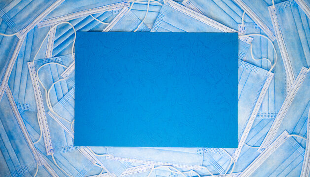 Blue masks frame. Flat lay. Top view. 