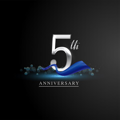 5th silver anniversary logo with blue ribbon isolated on elegant background, sparkle, vector design for greeting card and invitation card.
