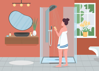 Daily hygiene routine flat color vector illustration. Personal cleanliness. Shower with running water. Woman in bathrobe with shampoo bottle 2D cartoon character with bathroom interior on background