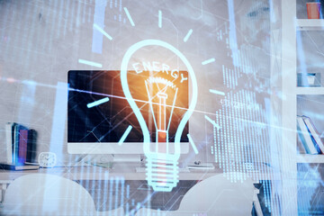 Double exposure of bulb and office interior background. Concept of idea.