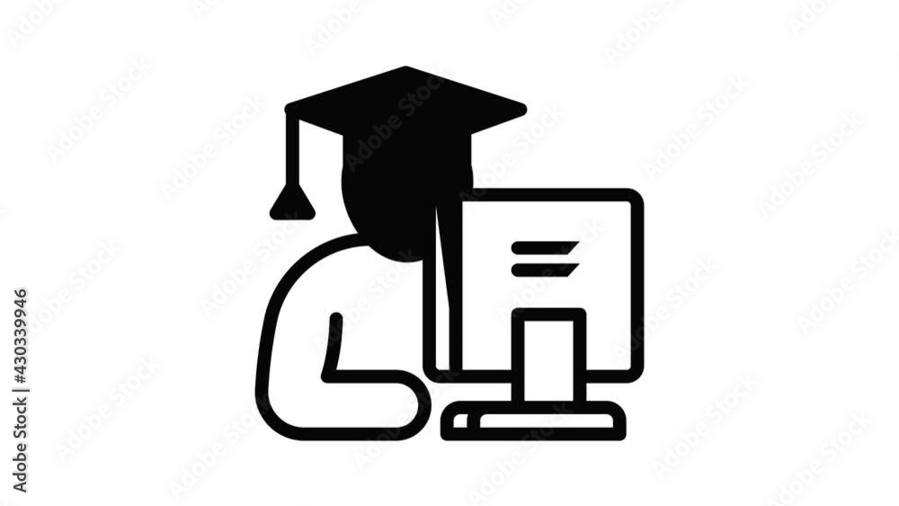 Poster student at the computer icon animation outline best object on white background