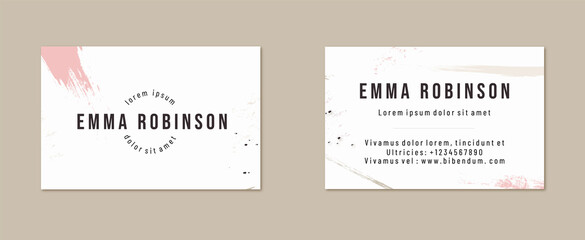 Modern creative and clean business card template.Trend style with paint strokes of beige and pink colors. 