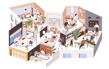 Office rooms and departments with modern interior. People at work areas and corporate spaces of big agency. Inner company's life. Colored flat graphic vector illustration isolated on white background