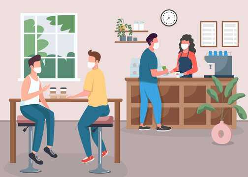 Coffee shop during pandemic flat color vector illustration. Friends drink tea. Espresso bar. Customers and barista in medical masks 2D cartoon characters with cafeteria interior on background
