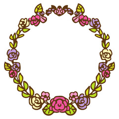 ピンクのお花の手描き丸フレーム