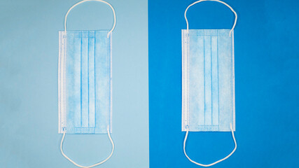 Fototapeta na wymiar Two medical masks on two different blue backgrounds.