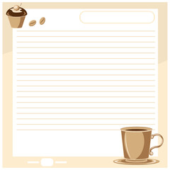A page from a notepad for taking notes and making notes. Vector template with a coffee theme.