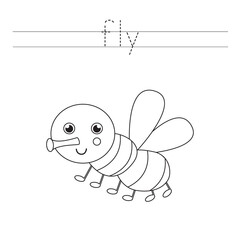Tracing letters with fly. Writing practice for kids.