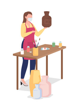 Woman painting clay vase flat color vector faceless character. Creative hobby during pandemic. Female artist. Pottery workshop isolated cartoon illustration for web graphic design and animation