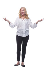 smiling mature woman in a beautiful white blouse.