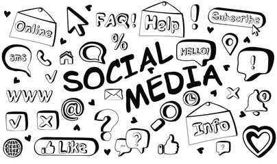 Hand drawn vector set of social media elements in doodle style. Blogging, promotion. Social media concept. Isolated on white background