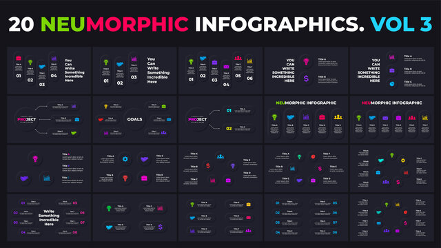 Neumorphic vector dark infographics. Circle diagrams. Presentation slide template. Clean minimal flat style. 