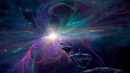 Sci-fi landscape digital painting background. Magician walking on stone island land with colorful fractal nebula and stars