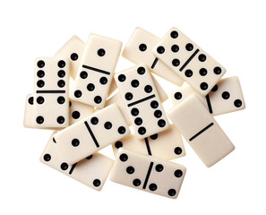 Pile of classic domino tiles on white background, top view