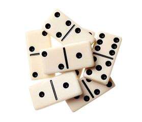 Pile of classic domino tiles on white background, top view