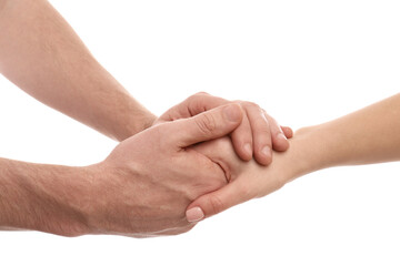 Man and woman holding hands on white background, closeup