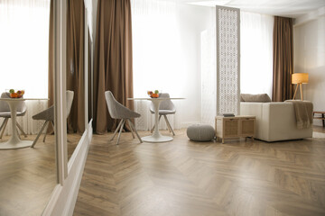 Modern living room with parquet floor and stylish furniture