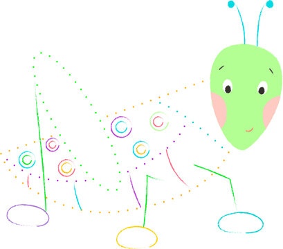 Coloring book with a picture of a cute cartoon grasshopper in color for preschool children to connect dot to dot and color. Vector illustration