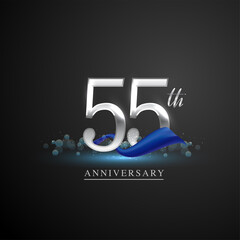 55th silver anniversary logo with blue ribbon isolated on elegant background, sparkle, vector design for greeting card and invitation card.