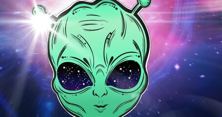 Composition of green alien's face and glowing light over stars on pink to purple background