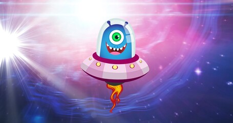 Obraz premium Composition of smiling alien in spaceship and glowing light over stars on pink to purple background