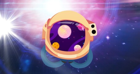 Fototapeta premium Composition of astronaut's helmet with planets over stars on pink to purple background