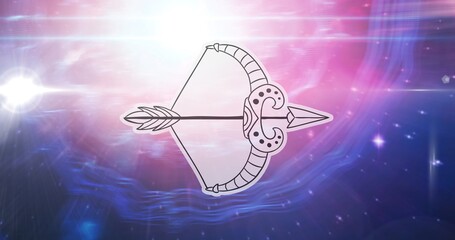 Illustration of black and white sagittarius zodiac star sign over stars on pink to purple background