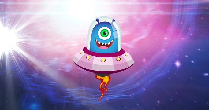 Composition of smiling alien in spaceship and glowing light over stars on pink to purple background