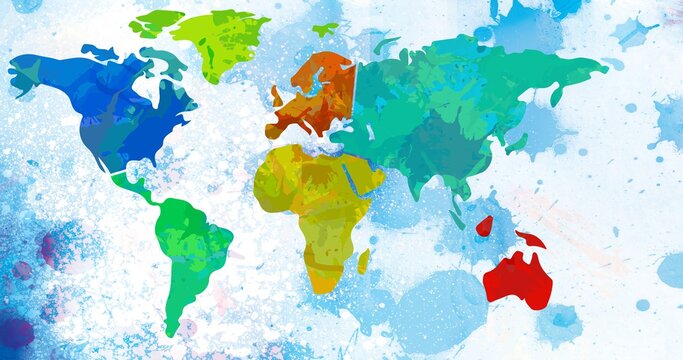 Composition of multi coloured world map over blue ink splodges on white background