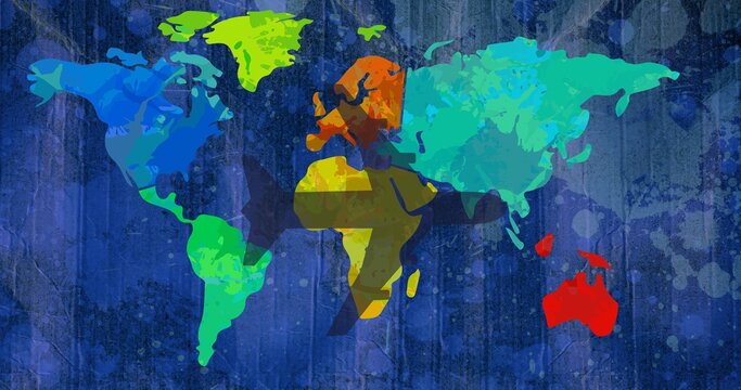 Composition of airplane shadow over multi coloured world map on dark blue splodgy background