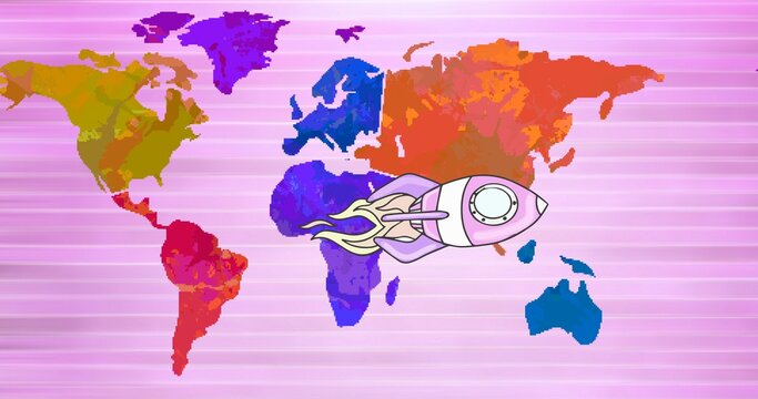 Composition of space rocket on multi coloured world map over pink stripes in background