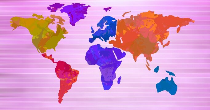 Composition of multi coloured world map over pink stripes in background