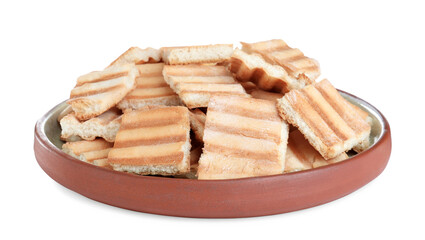 Delicious crispy pita chips on white background