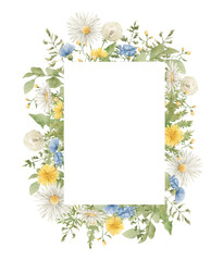 Watercolor frame with green leaves, chamomile and dandelion flowers. Elegant simple nature ornament. Summer decorative frame for wedding invitation, greeting, cards.
