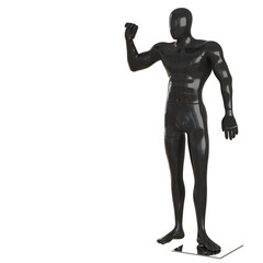 A male black abstract mannequin with a raised hand on a white background. 3d rendering