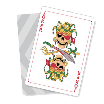 Playing cards joker. Pirate skull with eye patch. Good luck in the game.