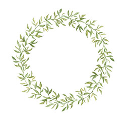 Watercolor wreath with green small leaves. Elegant simple nature ornament. Summer decorative frame for wedding invitation, greeting, cards.